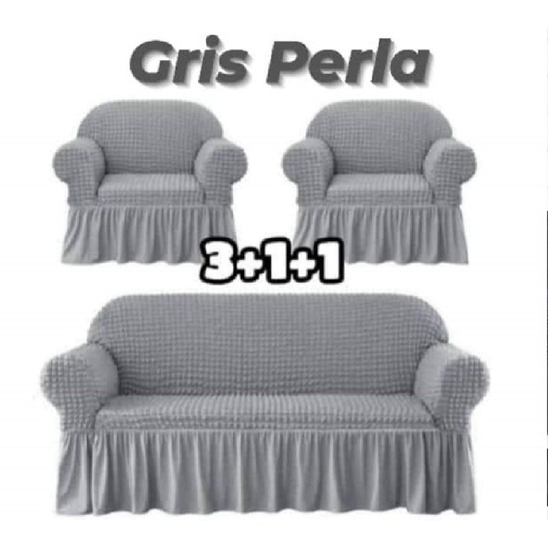 ANGELES DEL HOGAR - Fundas Cubresillon Turco Cuadrille 3+ 1+1 Cuerpos  Gris Perla Claro