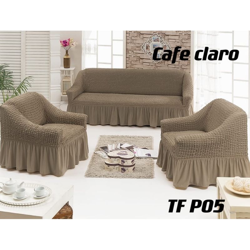 ANGELES DEL HOGAR - Fundas Cubresillon Sofa Turco  Cuadrille 3+ 1+1 Cuerpos  Café Claro