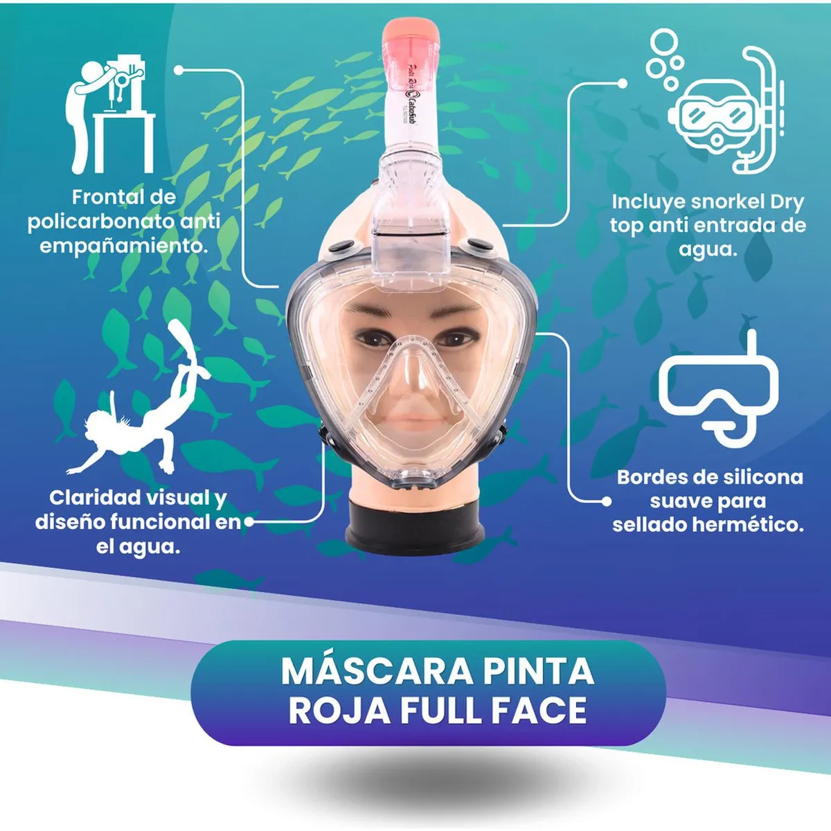 CABOSUB - Máscara para Buceo Pinta Roja  Visión Panorámica - Rojo