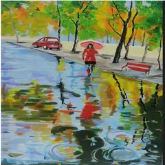 ARIVLE - Cuadro tela óleo, camino de la joven en lluvia.