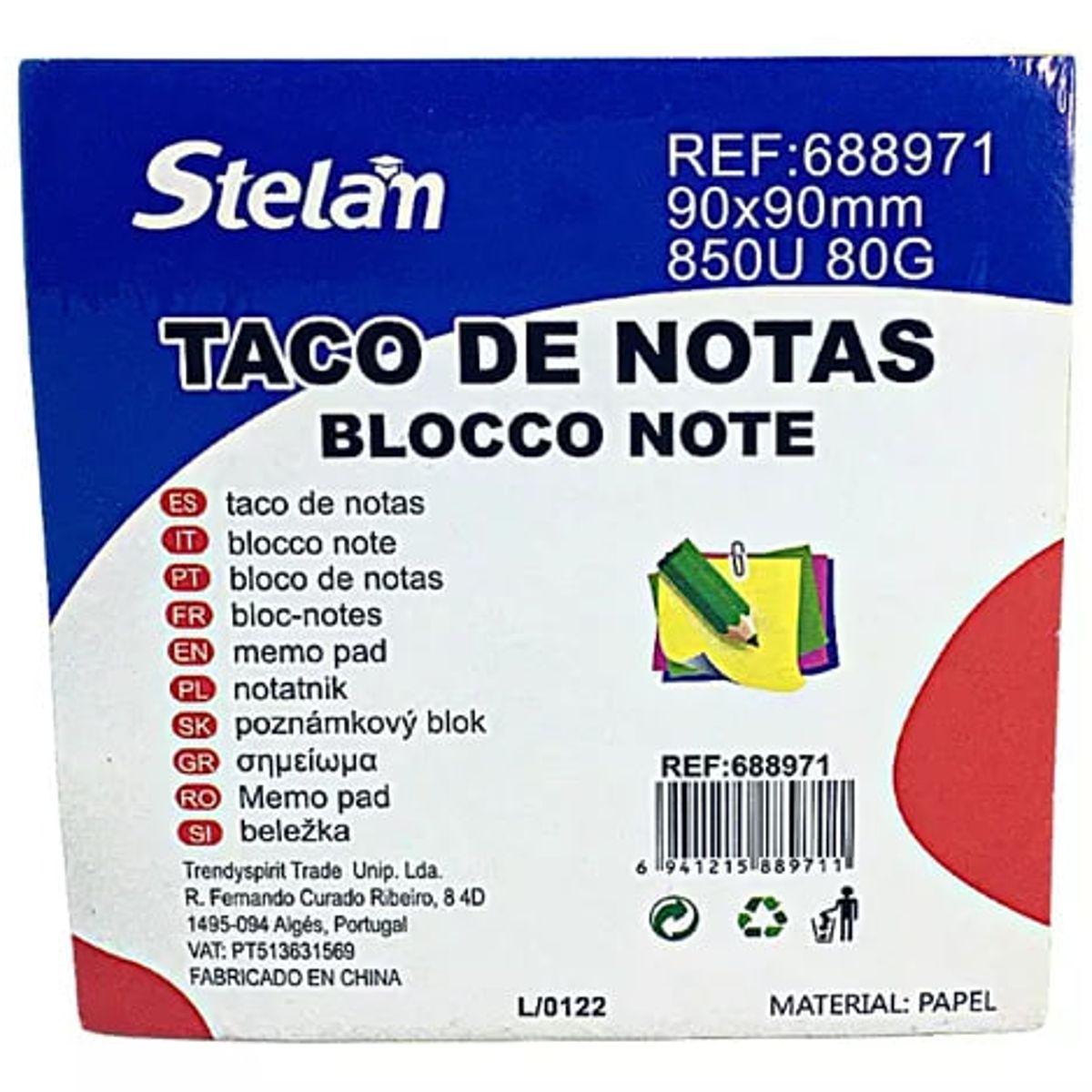 GENERICO - Tacos De Notas 90x90 mm De 80 g 850 Notas Colores Varios