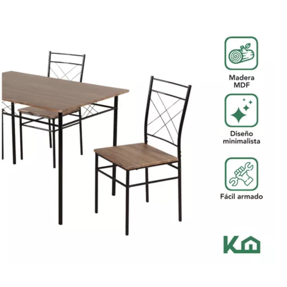 LUMAX - Juego Comedor Mesa + 4 Sillas Madera y Metal Negro