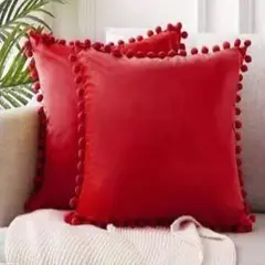 DECORACION CREATIVA - Set 2 fundas tercipelo Rojo con Pompom decorativa
