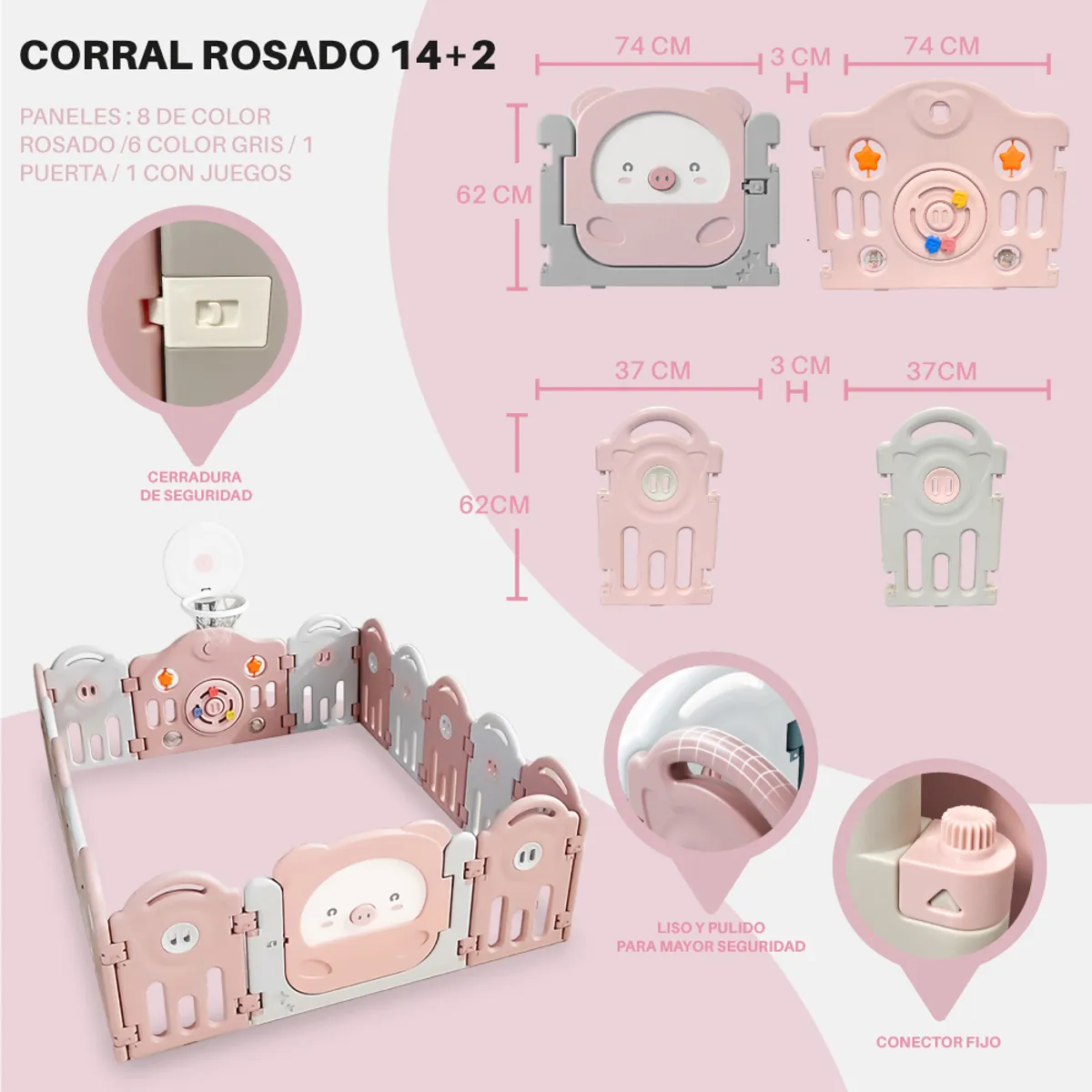 KIDSTAR - Corral para bebe Rosado modelo 14+2 paneles