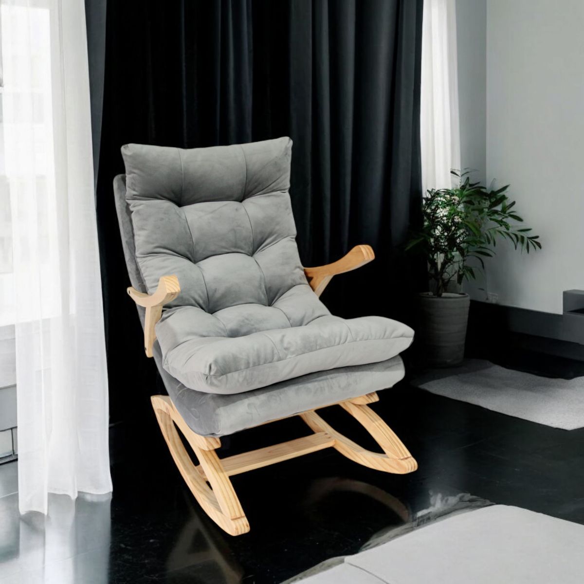 MUEBLES NEW - SILLA MECEDORA COQUETTE CON APOYA BRAZO GRIS FELPA.
