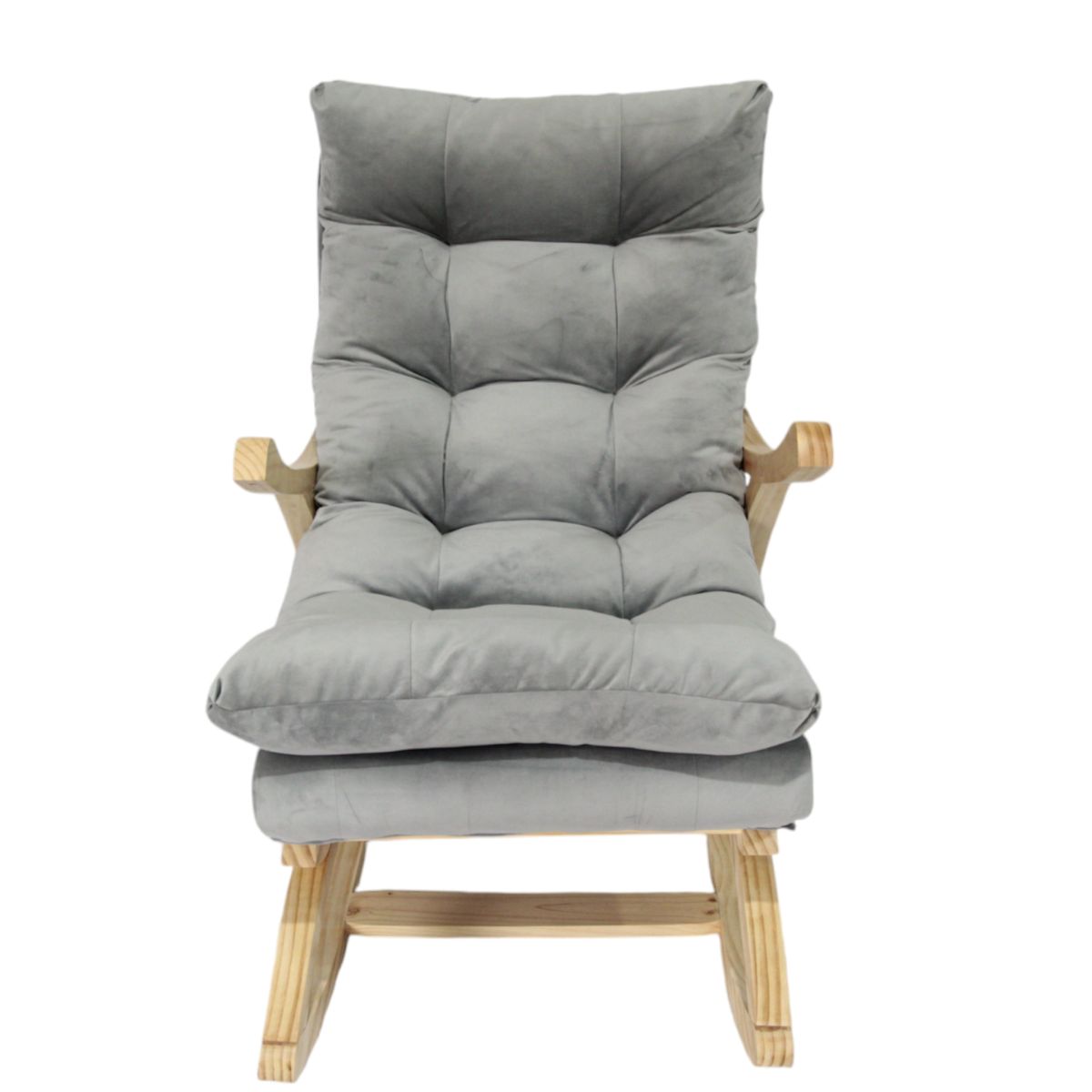 MUEBLES NEW - SILLA MECEDORA COQUETTE CON APOYA BRAZO GRIS FELPA.