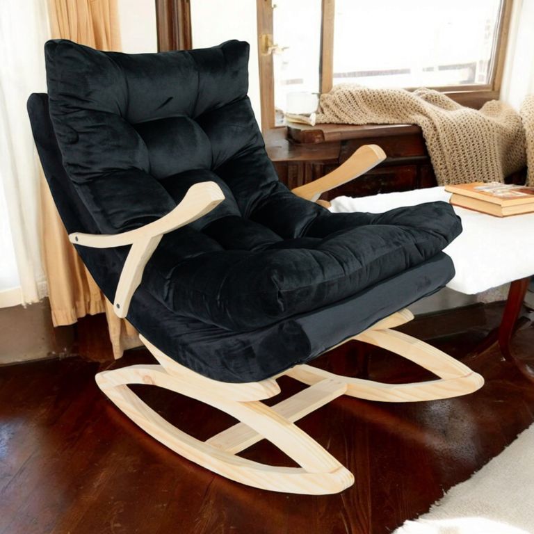 SILLA MECEDORA COQUETTE CON APOYA BRAZO NEGRO FELPA