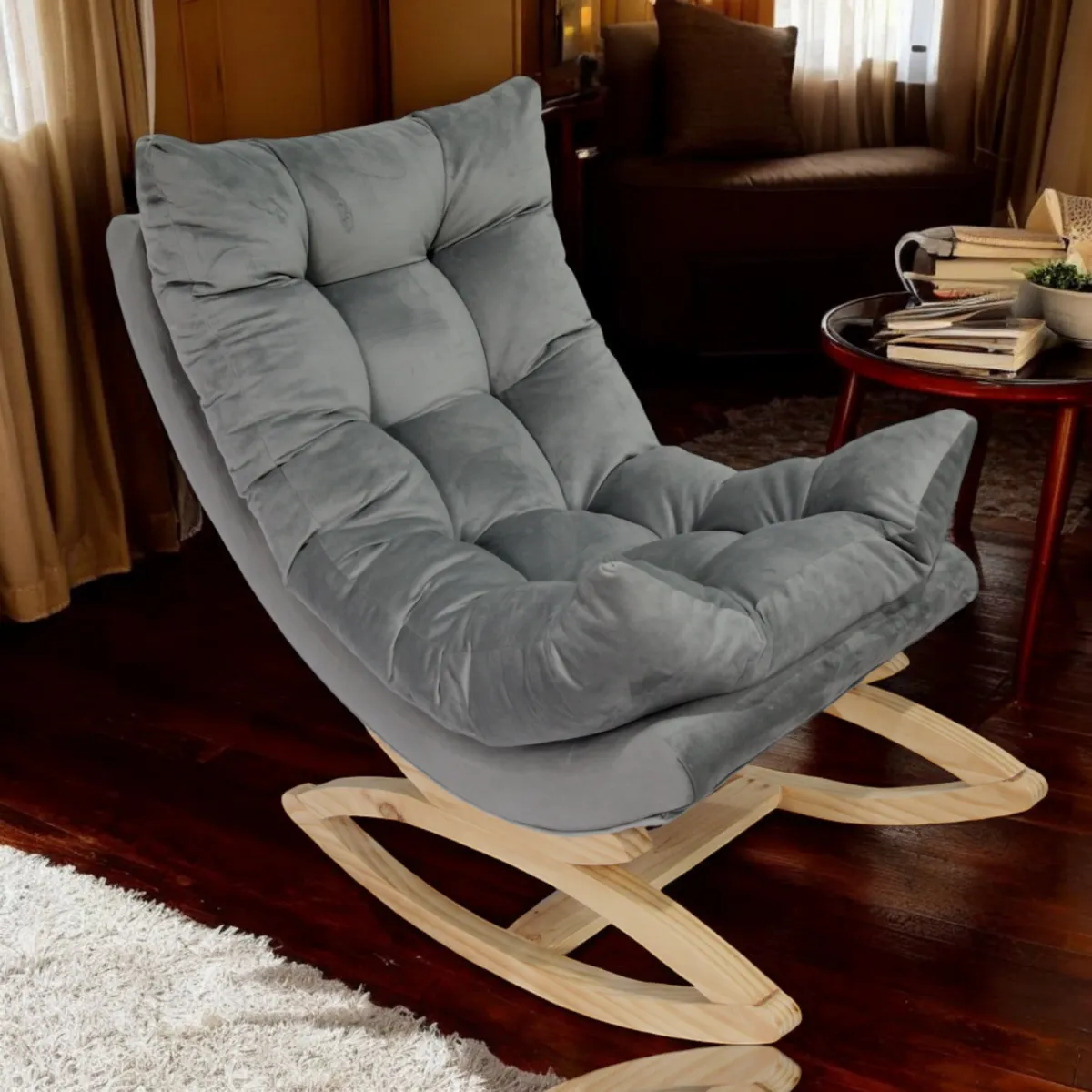 MUEBLES NEW - SILLA MECEDORA COQUETTE GRIS FELPA.