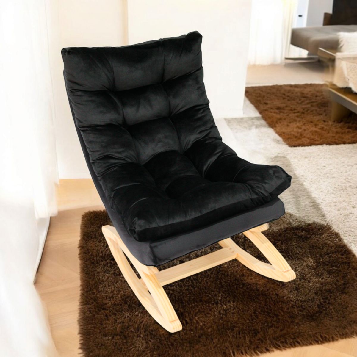 MUEBLES NEW - SILLA MECEDORA COQUETTE NEGRO FELPA.
