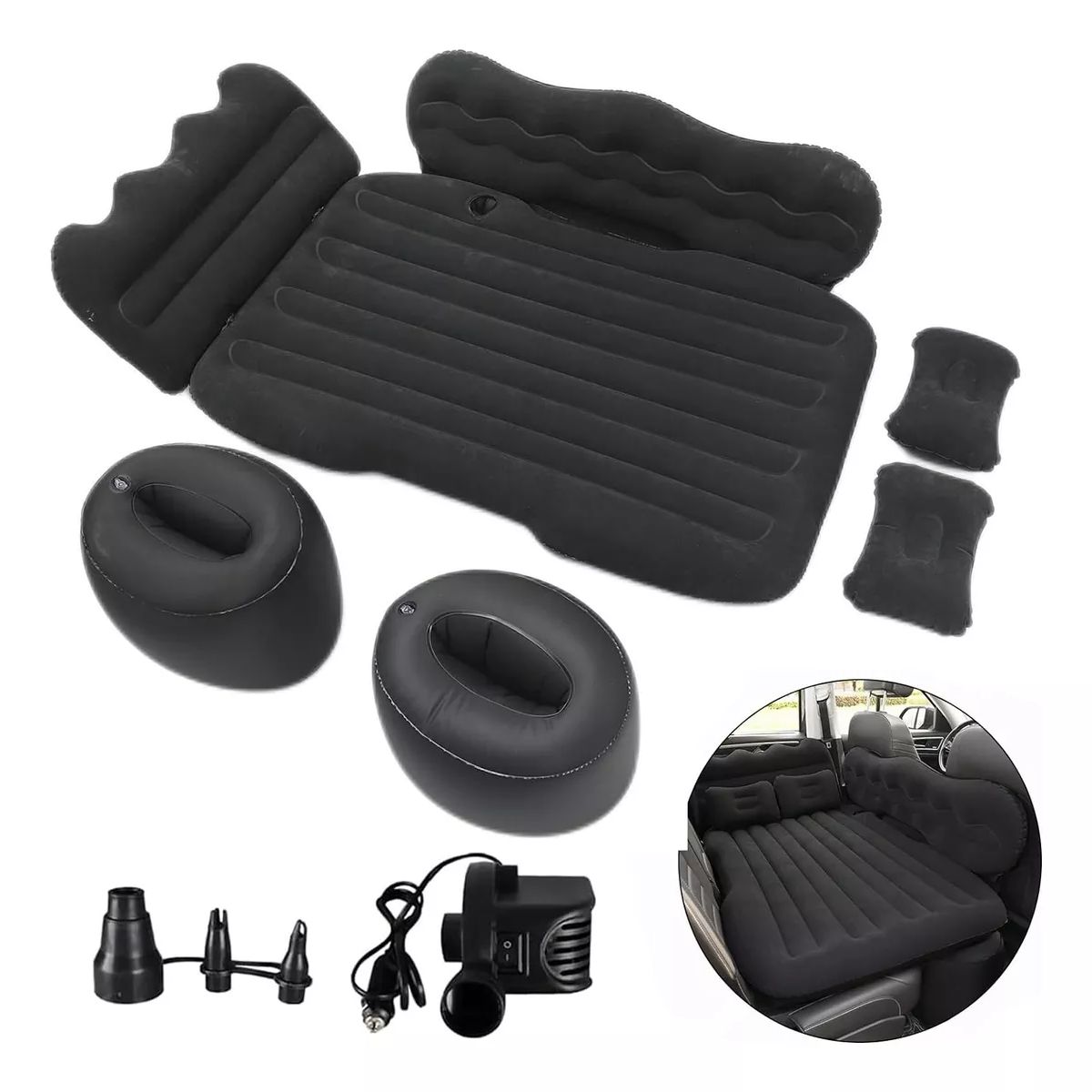 EVERSO - Colchon Para Auto Inflable + Compresor 12v Y 2 Almohadas
