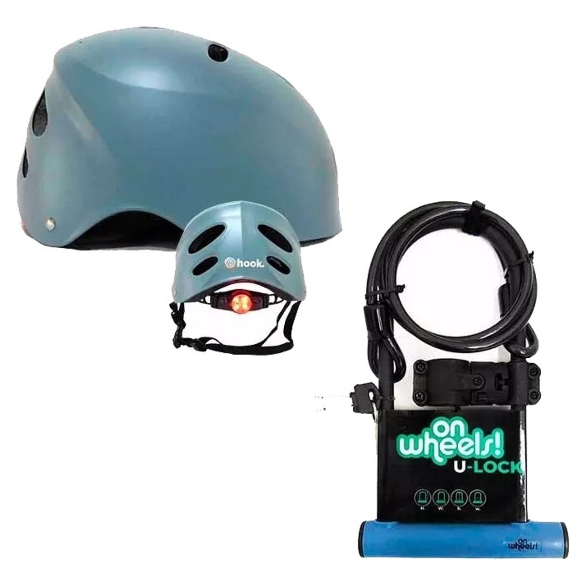 HOOK - Set Casco Street Hook Con Luz + Candado Largo Tipo U + Piola