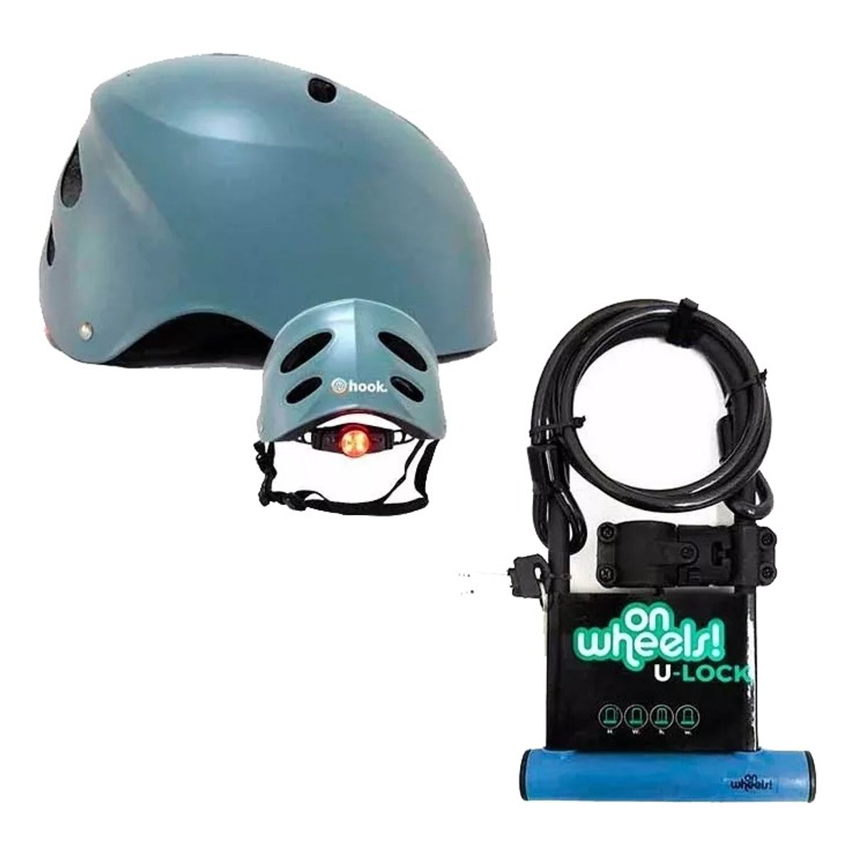 HOOK - Set Casco Street Hook Con Luz + Candado Largo Tipo U + Piola