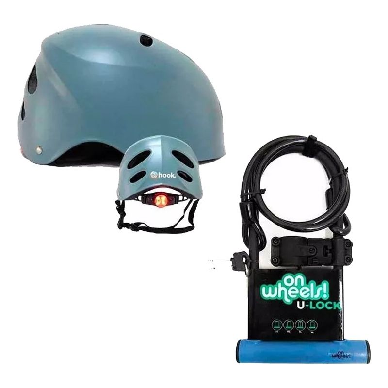 HOOK - Set Casco Street Hook Con Luz + Candado Largo Tipo U + Piola