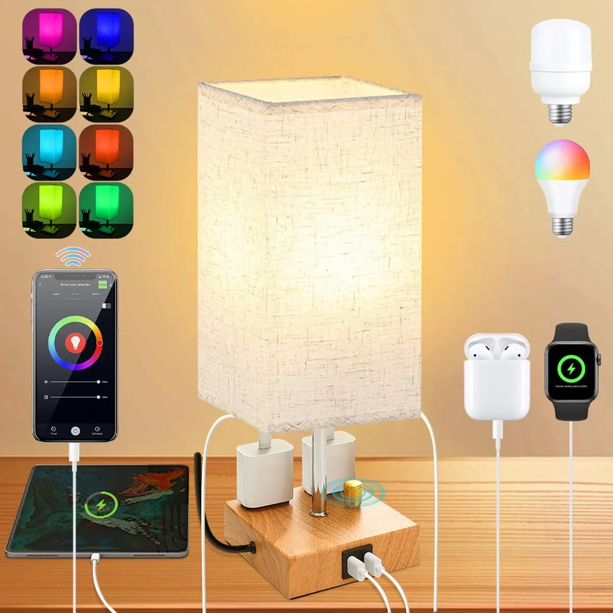 LUKOVEE - Lámparas Mesa Buró Noche Con Smart Bombilla Rgb Y Puerto Usb