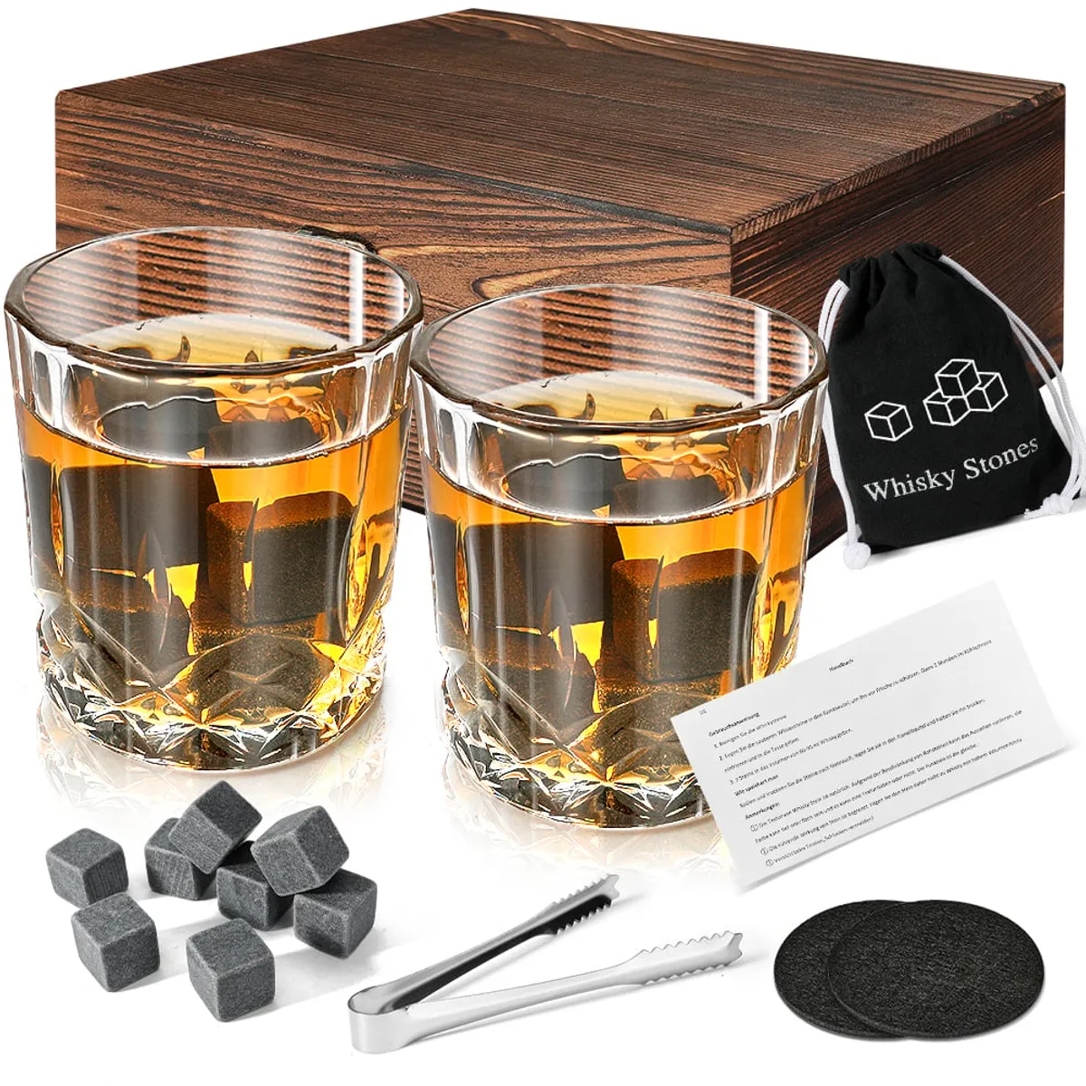 LUKOVEE - Whiskey Stones Set Granito Chill Vasos Caja Madera 15pcs