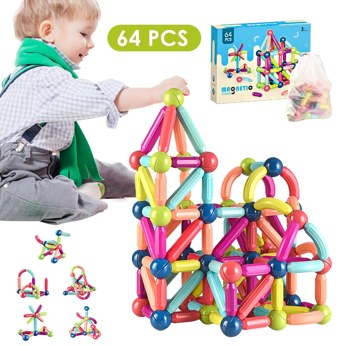 LUKOVEE - Juguete Didáctico 64 Bloques Construcción Varilla Magnética