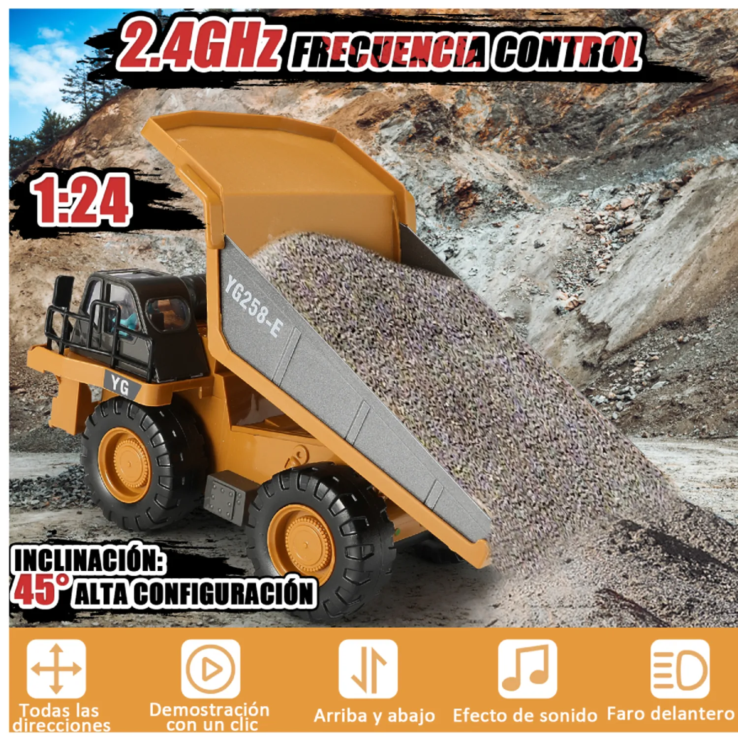 Excavadora Teledirigida Con Luz Y Sonido - 2.4 GHz, Pala De Metal, Para Niños De 3 A 12 Años, Regalo De Cumpleaños O Navidad