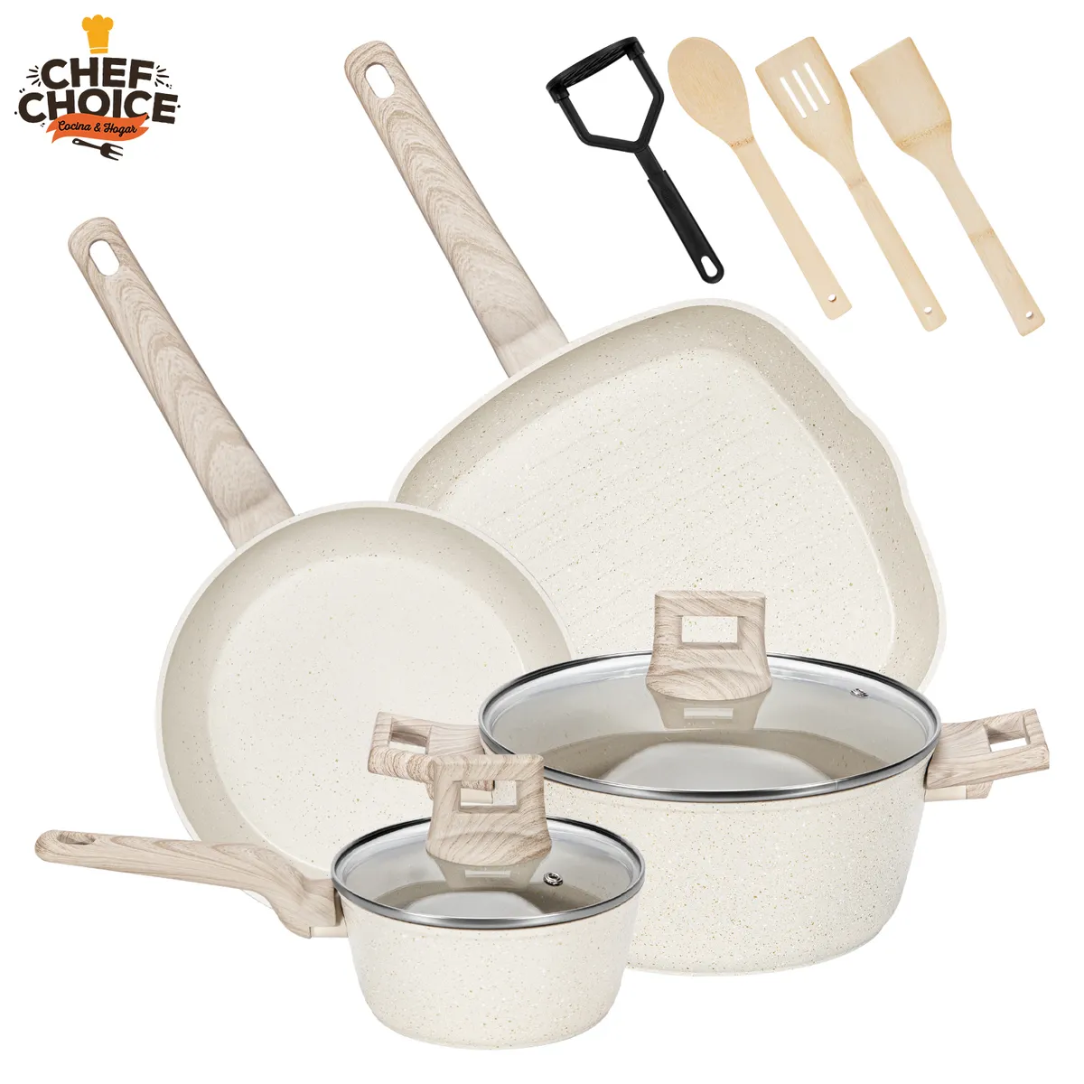 CHEFCHOICE - Bateria Cocina Aluminio Bifera Antiadherente Granito 10 Piezas Crema