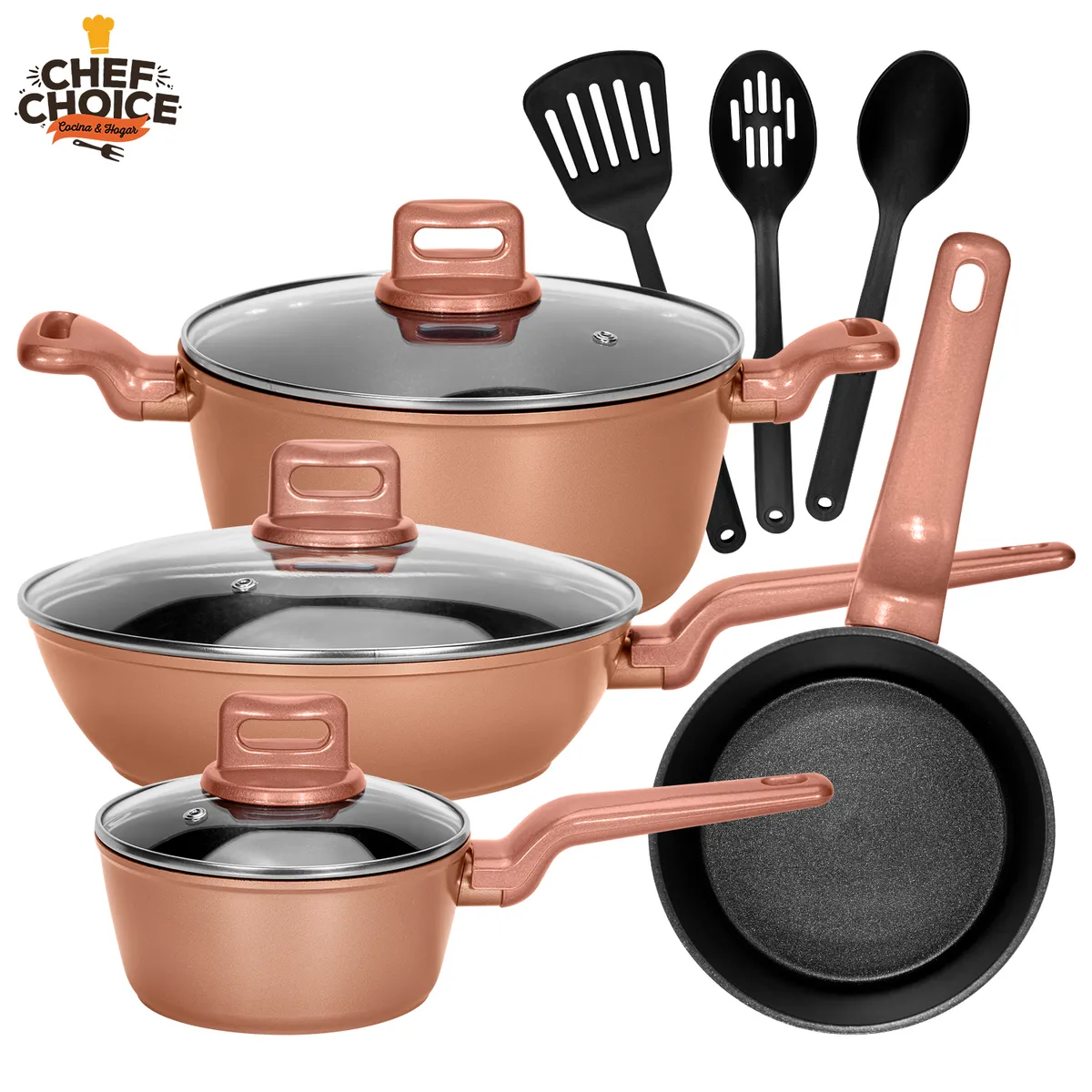 CHEFCHOICE - Bateria Cocina Antiadherente Aluminio Ceramica 10 Piezas Wok Oro Rosa