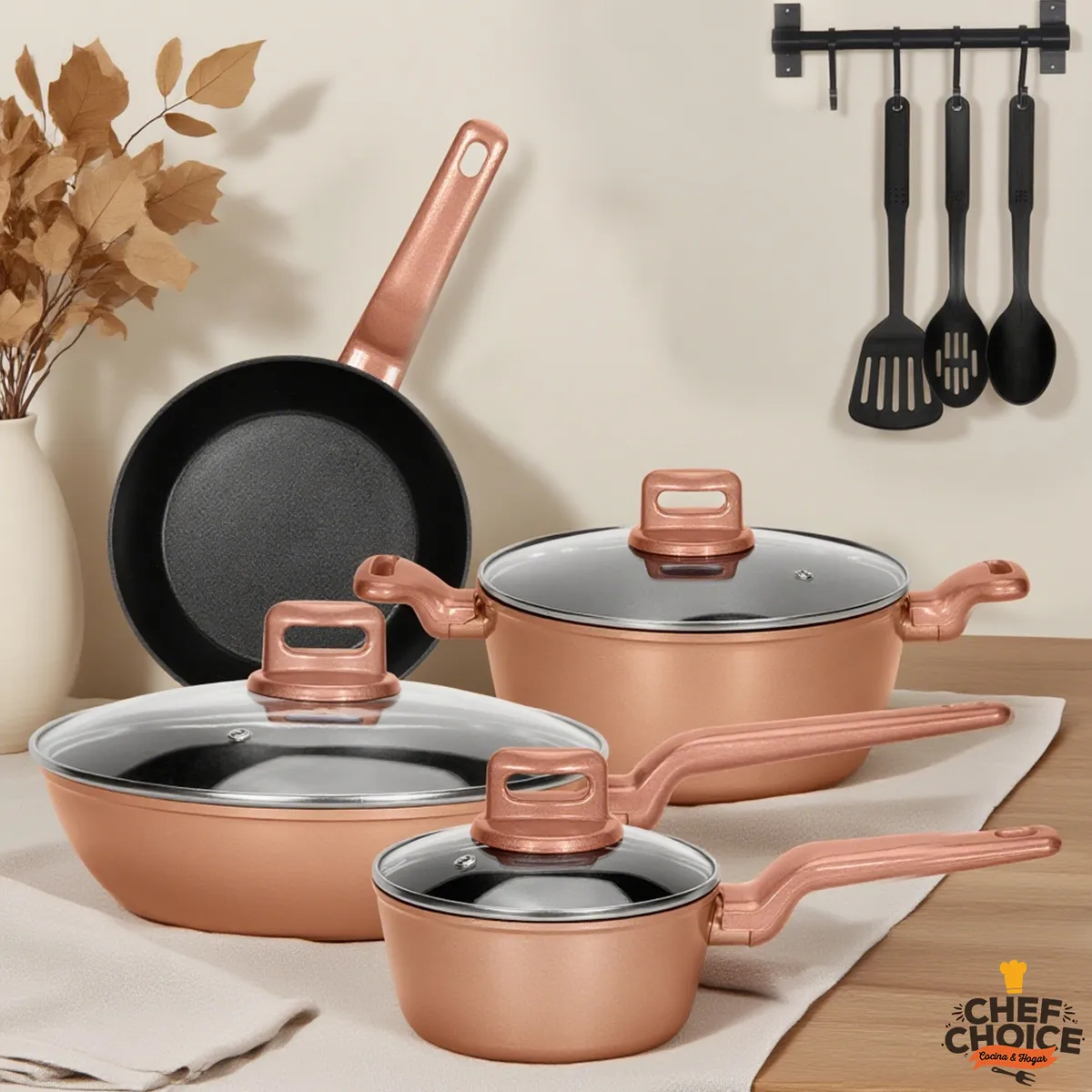 CHEFCHOICE - Bateria Cocina Antiadherente Aluminio Ceramica 10 Piezas Wok Oro Rosa