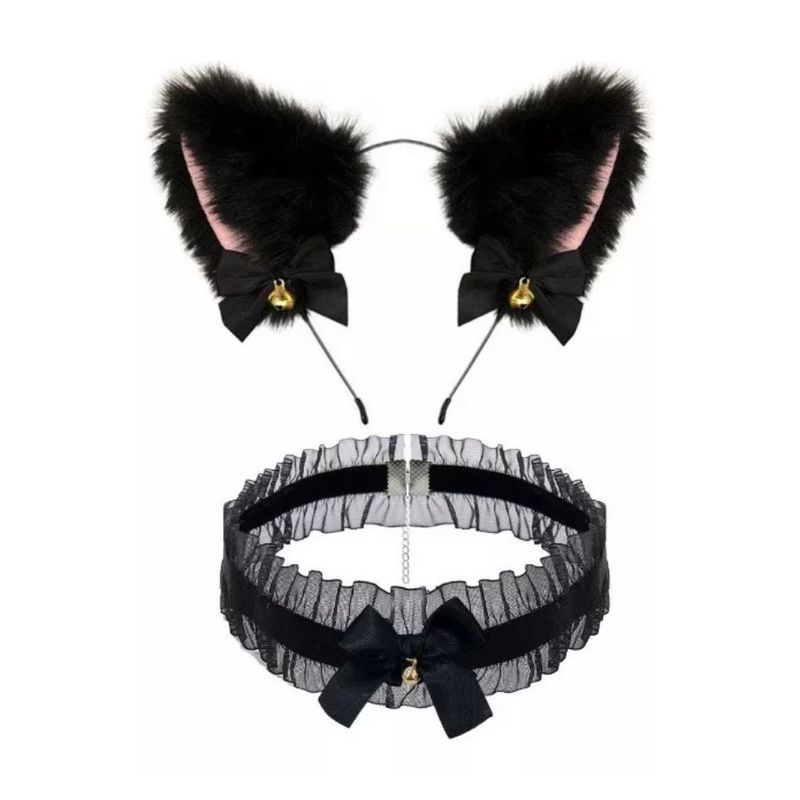 GENERICO - Set Orejas de Gato Gargantilla Con Cascabel Cosplay Disfraz