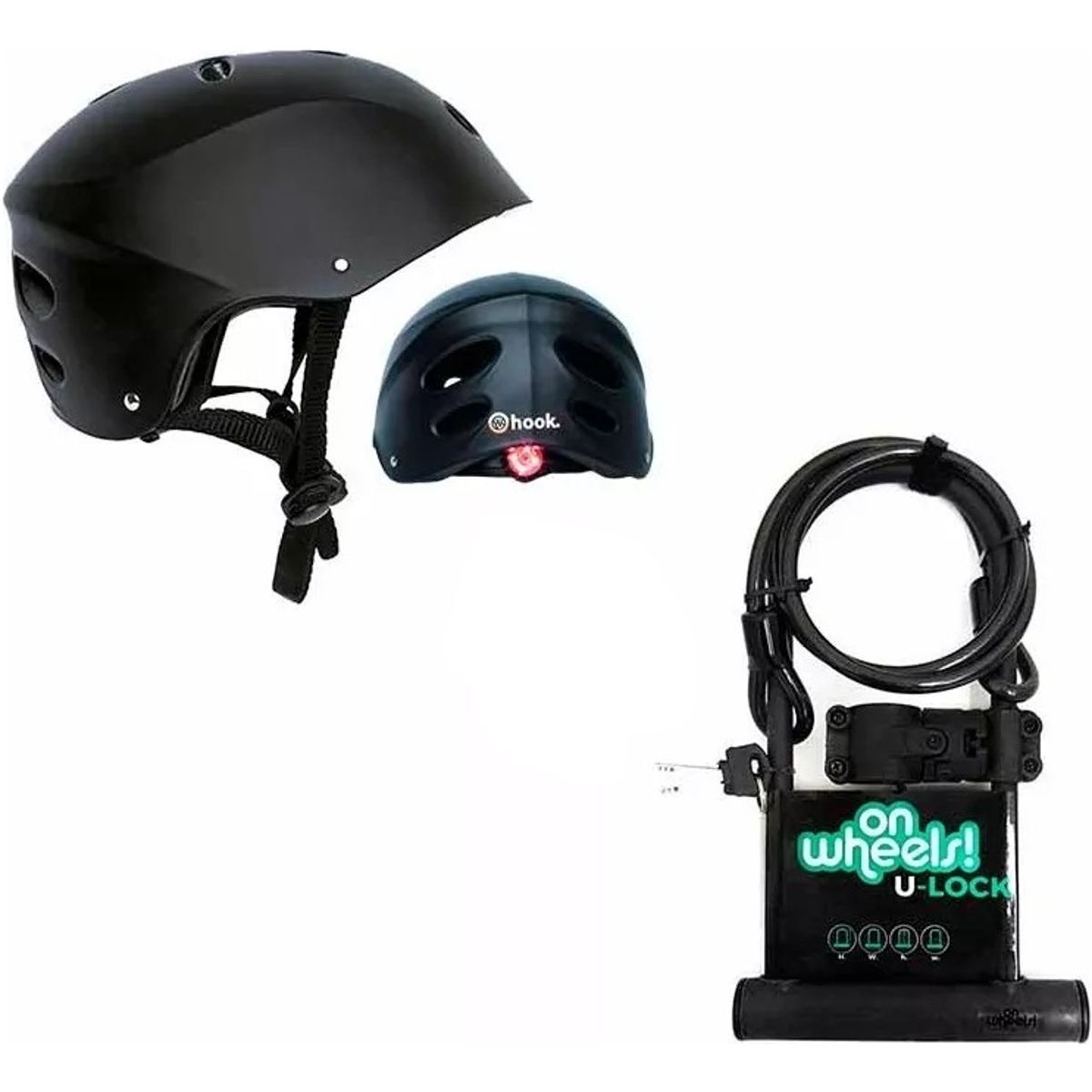 HOOK - Set Casco Street Hook Con Luz + Candado Largo Tipo U + Piola