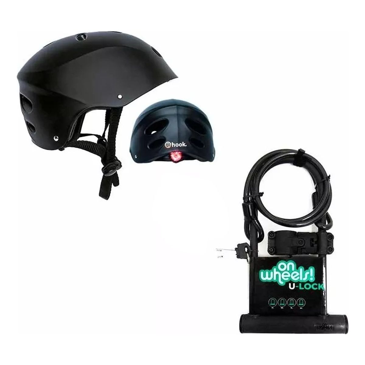 HOOK - Set Casco Street Hook Con Luz + Candado Largo Tipo U + Piola