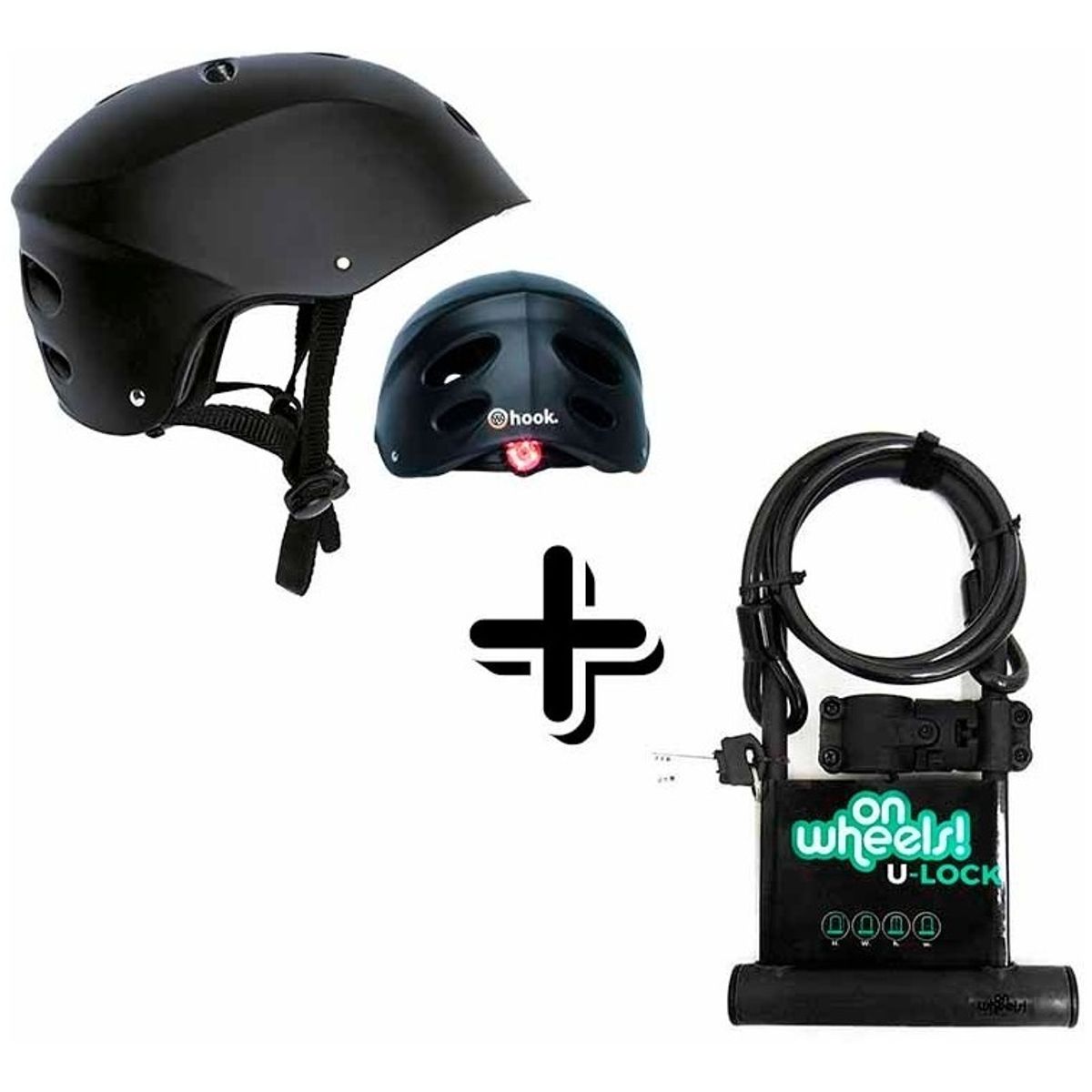 HOOK - Set Casco Street Hook Con Luz + Candado Largo Tipo U + Piola