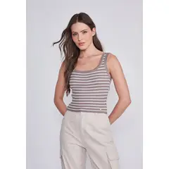 SIOUX - Peto Mujer Beige Cuello Redondo Listado