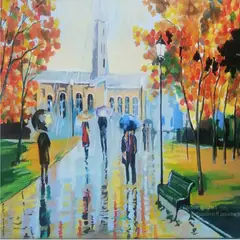 ARIVLE - Cuadro tela óleo lluvia hacia la Iglesia