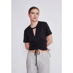 SIOUX - Polera Mujer Negro Escote Fruncido