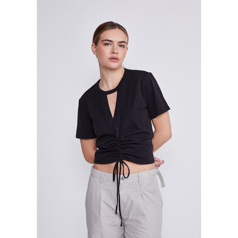 SIOUX - Polera Mujer Negro Escote Fruncido Sioux
