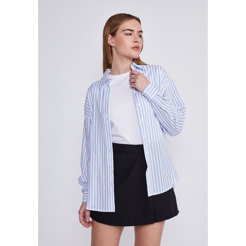 SIOUX - Blusa Mujer Celeste Rayas Con Lino Sioux