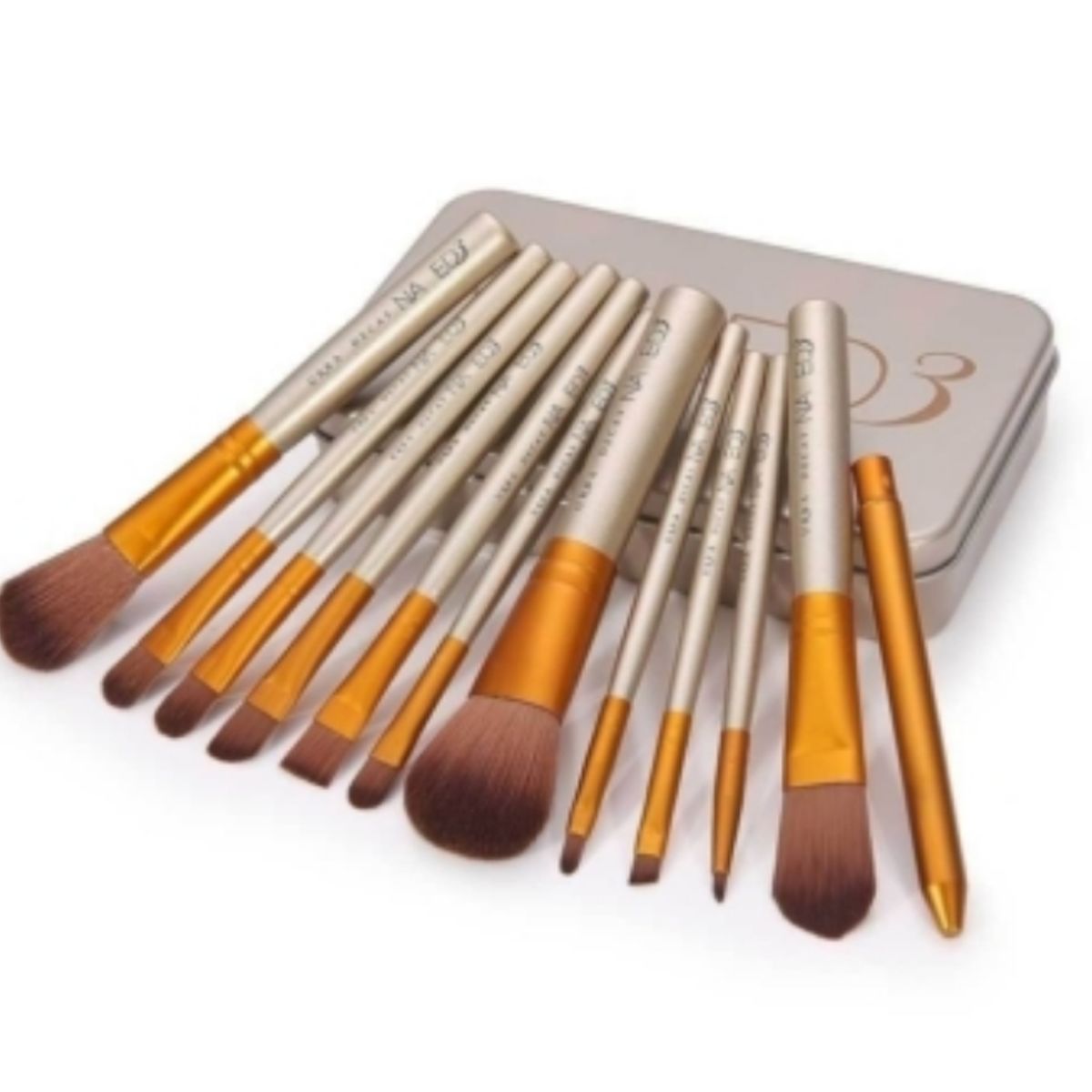 GENERICO - Set 12 Brochas Maquillaje Con Cajita Estuche Metálica Doradas
