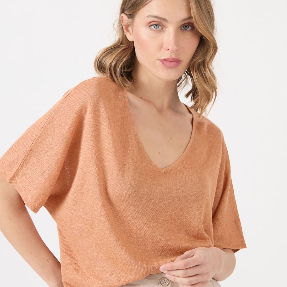 PRIVILEGE - Polera de lino tostado 1362