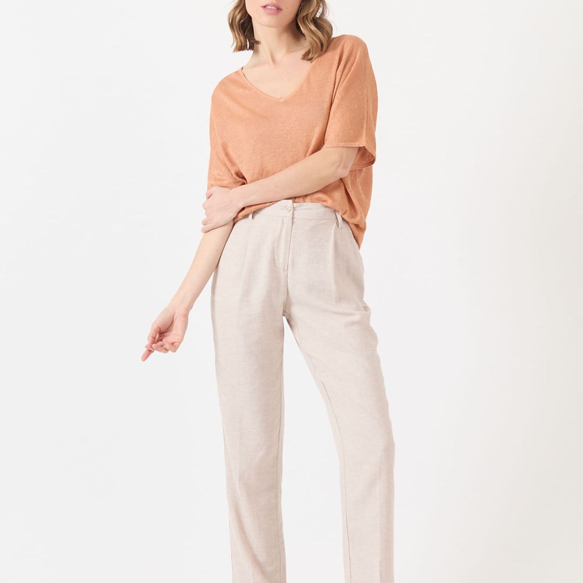 PRIVILEGE - Polera de lino tostado 1362