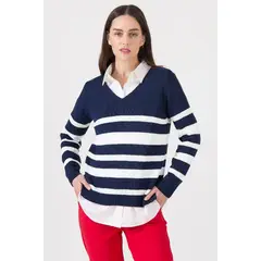PRIVILEGE - Sweater azul marino rayas manga larga - Azul Marino