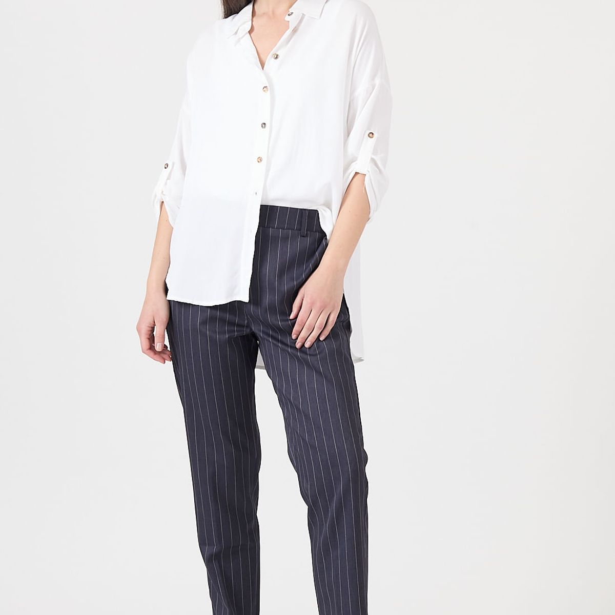 PRIVILEGE - Pantalon straight azul rayas 1093