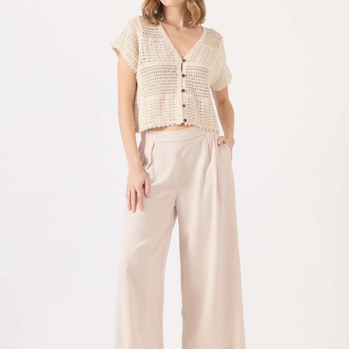 PRIVILEGE - Pantalon de tencel wide leg beige 1108