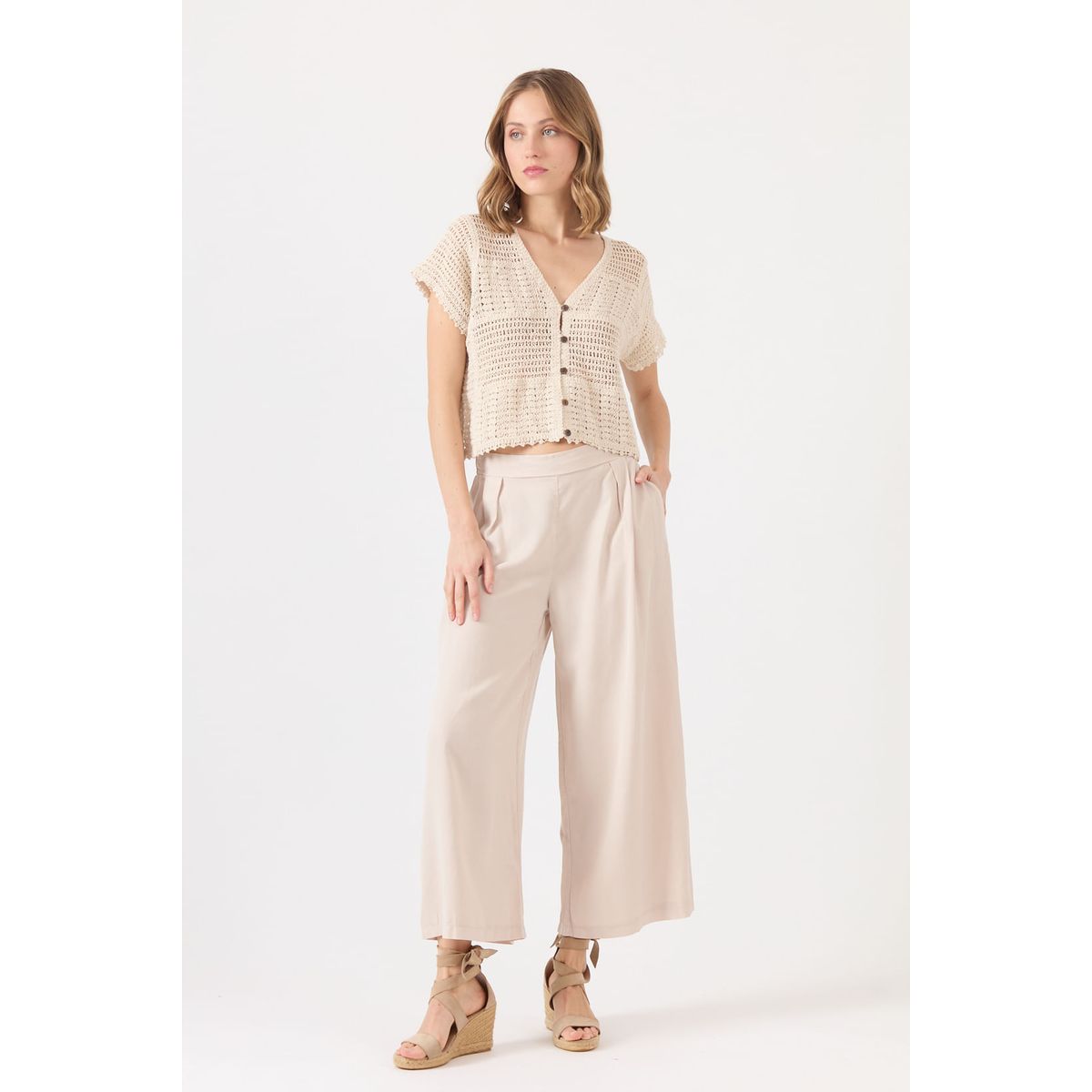 PRIVILEGE - Pantalon de tencel wide leg beige 1108