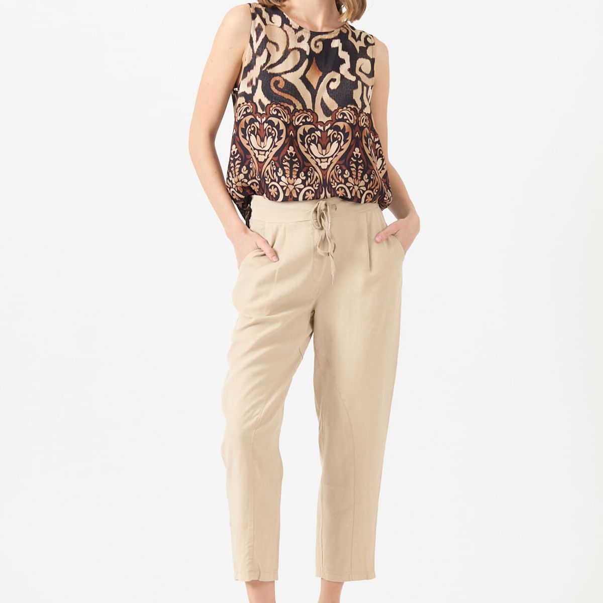 PRIVILEGE - Pantalon de tencel slim fit beige 1104