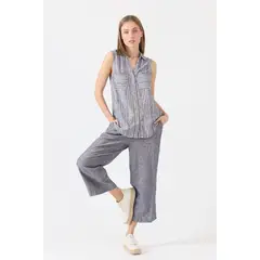 PRIVILEGE - Pantalon de lino palazzo azul marino - Azul Marino
