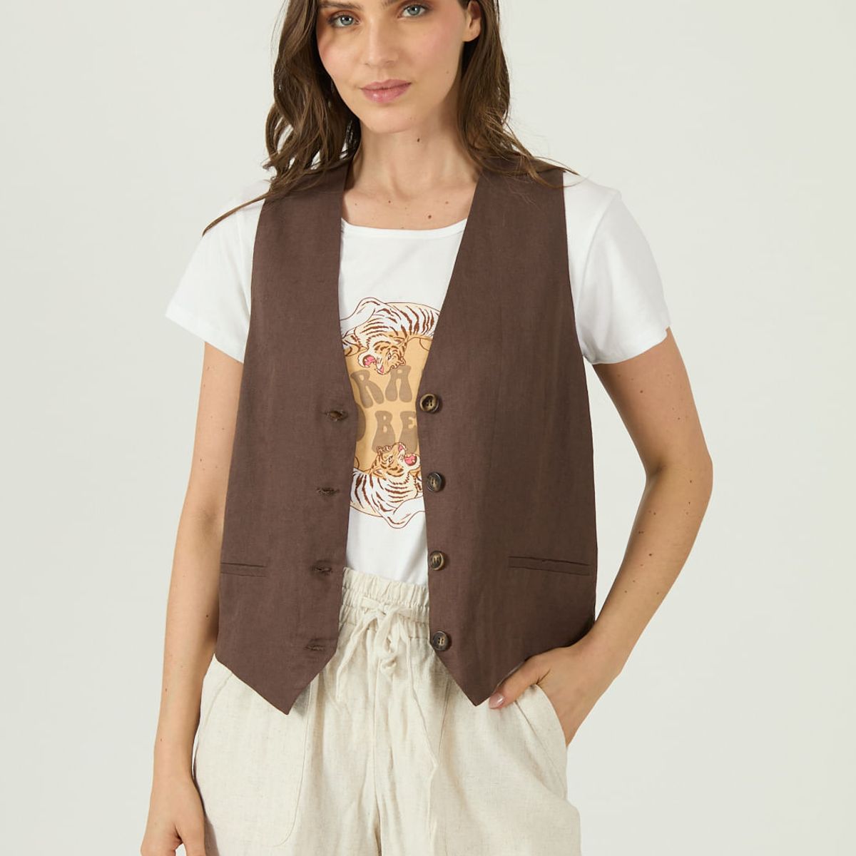 PRIVILEGE - Shorts de lino regular beige 1113