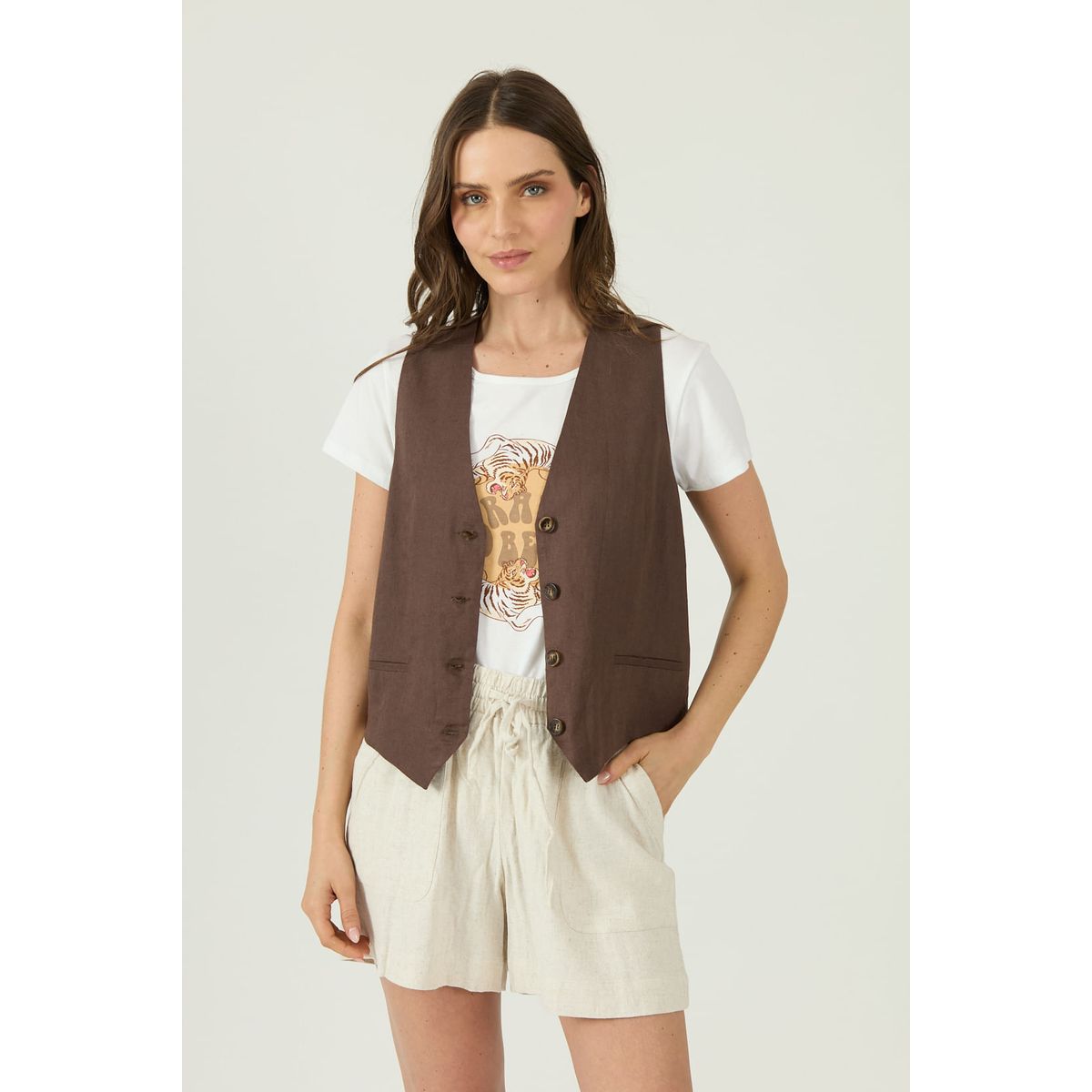 PRIVILEGE - Shorts de lino regular beige 1113