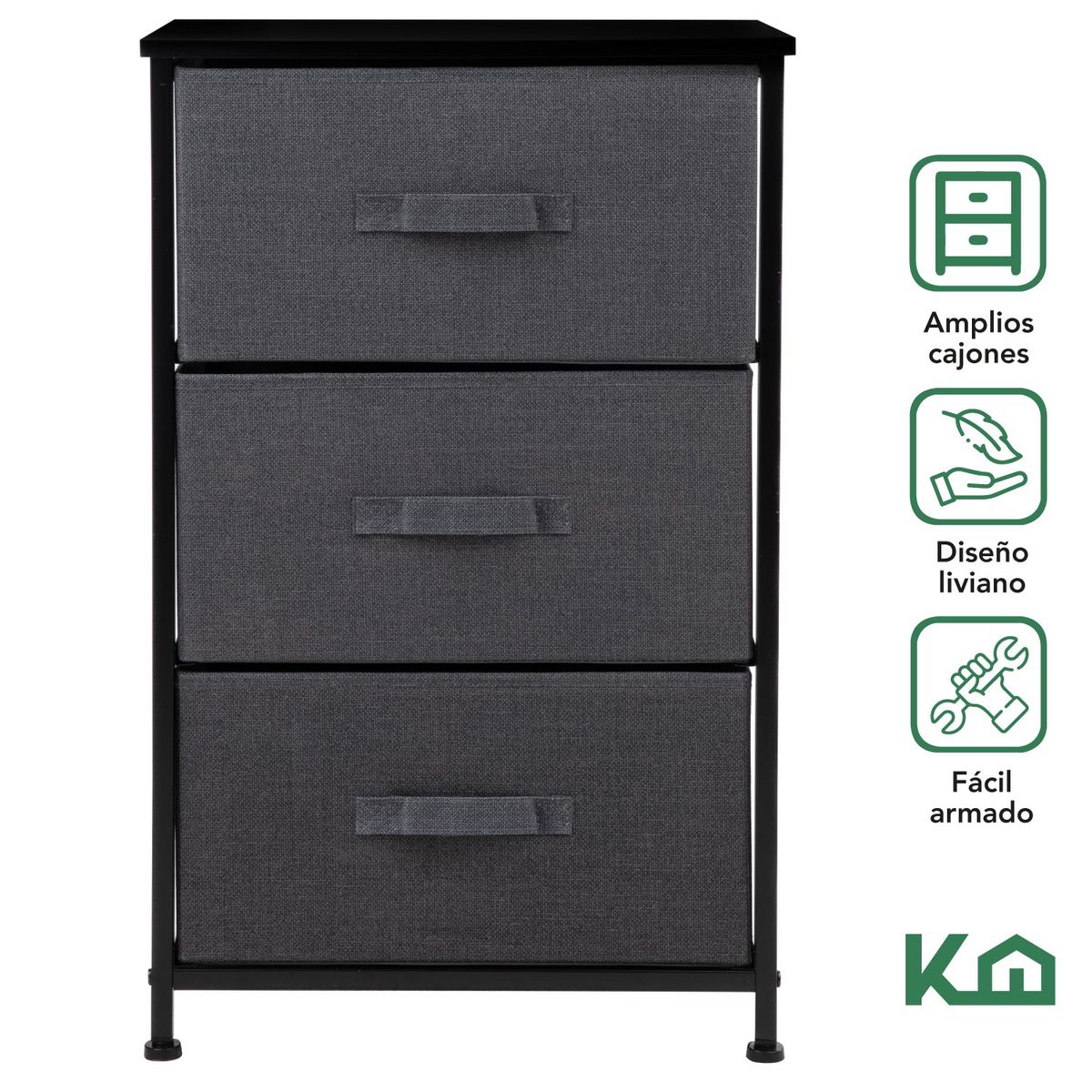 LUMAX - Cajonera Comoda 3 Cajones Organizador Tela Gris con Negro