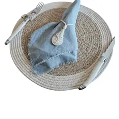 TELARES DE ESTILO - Set 6 Individuales de Mesa Terraza Mantel Fibra Natural Yute Algodón 33 cm Redondo