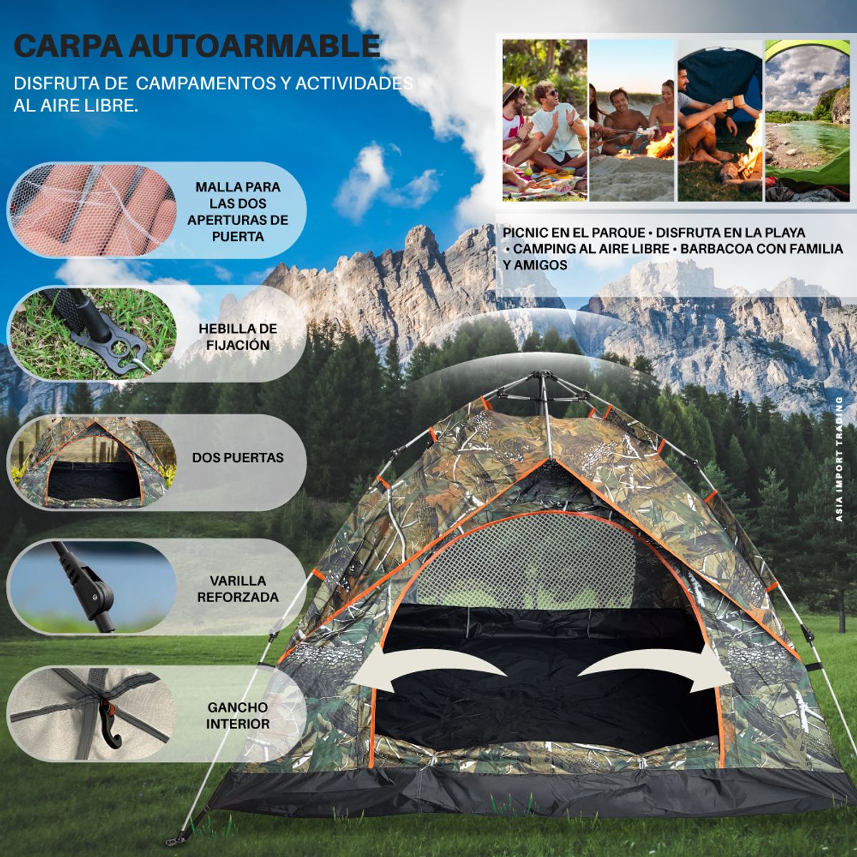 PWRFITNESS - Carpa Autoarmable con doble puerta diseño camuflaje