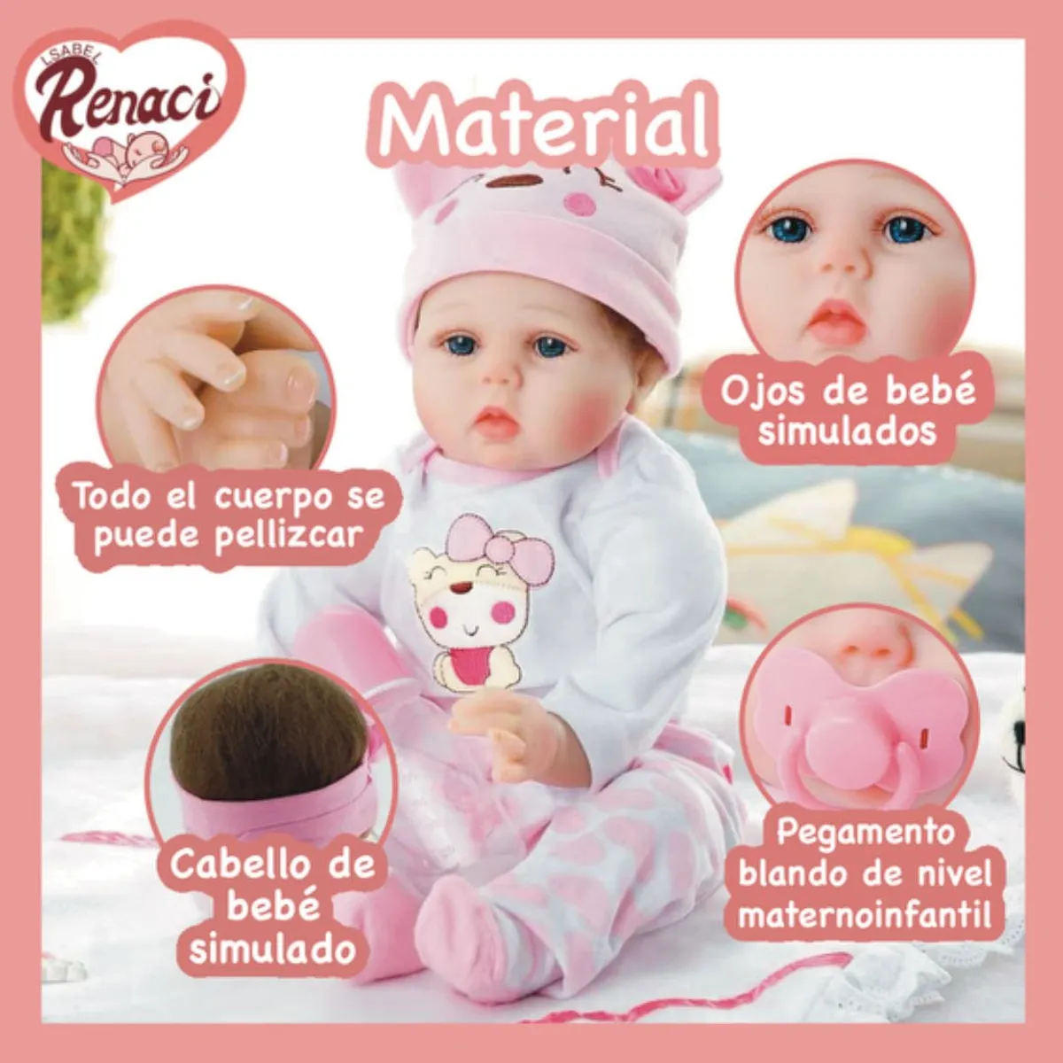 LSABEL RENACI - Muñeca Bebé Reborn Silicona Color Rosado 55cm