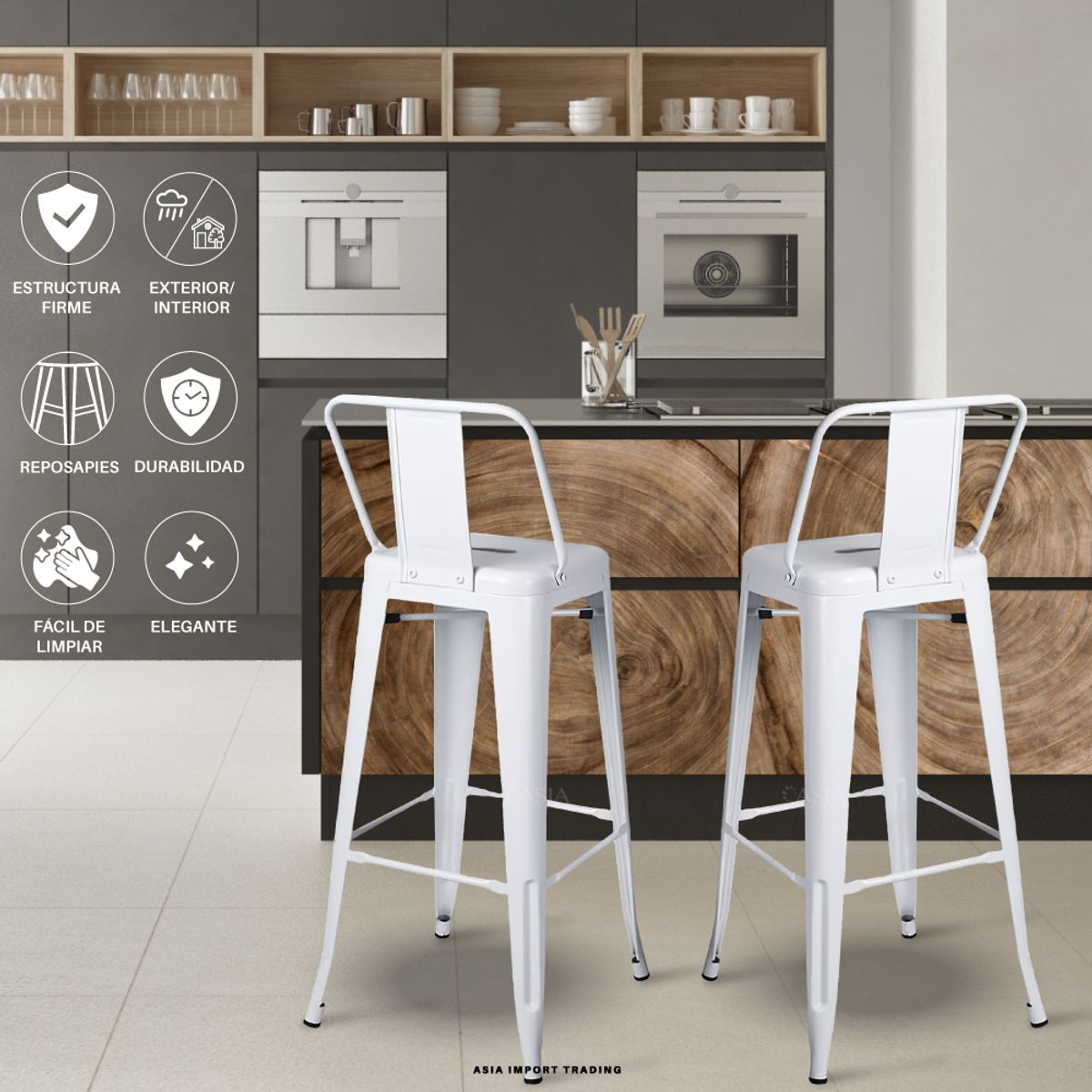 HOME & DESING - Silla de Bar Blanca con respaldo