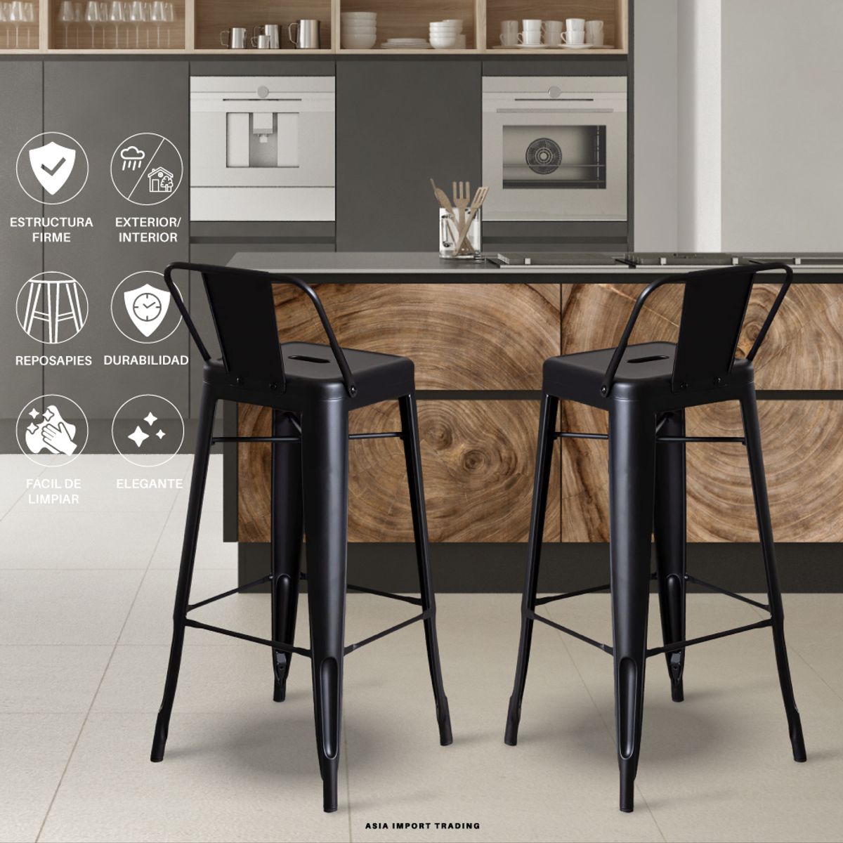 HOME & DESING - Silla de Bar Negra con respaldo